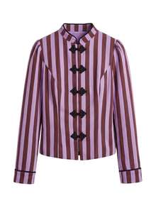 Nöista Stripped Fitted Top With Oriental Contrast Buttons, Perfect For Fall Winter Weekends, Going Out And Especial Occations. Cute, Casual, Vacation - Brown - View 7