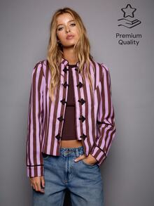 Nöista Stripped Fitted Top With Oriental Contrast Buttons, Perfect For Fall Winter Weekends, Going Out And Especial Occations. Cute, Casual, Vacation - Brown - View 3