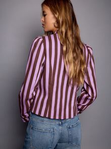 Nöista Stripped Fitted Top With Oriental Contrast Buttons, Perfect For Fall Winter Weekends, Going Out And Especial Occations. Cute, Casual, Vacation - Brown - View 6