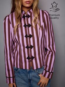 Nöista Stripped Fitted Top With Oriental Contrast Buttons, Perfect For Fall Winter Weekends, Going Out And Especial Occations. Cute, Casual, Vacation - Brown - View 2