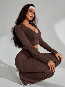 Slayform Slayform 2pcs Brown Ribbed Women's 2 Pieces Outfit Set, Twist Front Crop Top & Flare Leg Pants, Slim Fit, Suitable For Daily, Fitness, Workout, Autumn - Coffee Brown - View 1