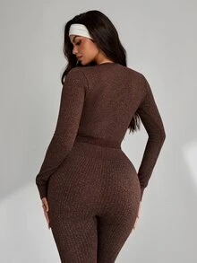Slayform Slayform 2pcs Brown Ribbed Women's 2 Pieces Outfit Set, Twist Front Crop Top & Flare Leg Pants, Slim Fit, Suitable For Daily, Fitness, Workout, Autumn - Coffee Brown - View 3