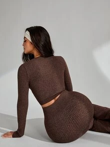 Slayform Slayform 2pcs Brown Ribbed Women's 2 Pieces Outfit Set, Twist Front Crop Top & Flare Leg Pants, Slim Fit, Suitable For Daily, Fitness, Workout, Autumn - Coffee Brown - View 4