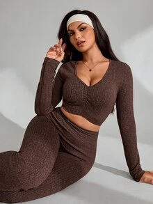 Slayform Slayform 2pcs Brown Ribbed Women's 2 Pieces Outfit Set, Twist Front Crop Top & Flare Leg Pants, Slim Fit, Suitable For Daily, Fitness, Workout, Autumn - Coffee Brown - View 2