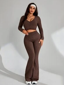 Slayform Slayform 2pcs Brown Ribbed Women's 2 Pieces Outfit Set, Twist Front Crop Top & Flare Leg Pants, Slim Fit, Suitable For Daily, Fitness, Workout, Autumn - Coffee Brown - View 6