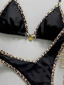 SHEIN Swim 2pcs/Set Women's Summer Random Print Halter Neck Spaghetti Strap Metal Decor Sexy Bikini Set - Multicolor - View 7