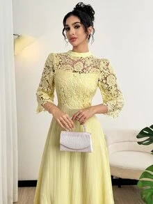 Modelyn 女式黄色孔眼刺绣拼布长袖超长连衣裙 - 黃色 - 查看 5