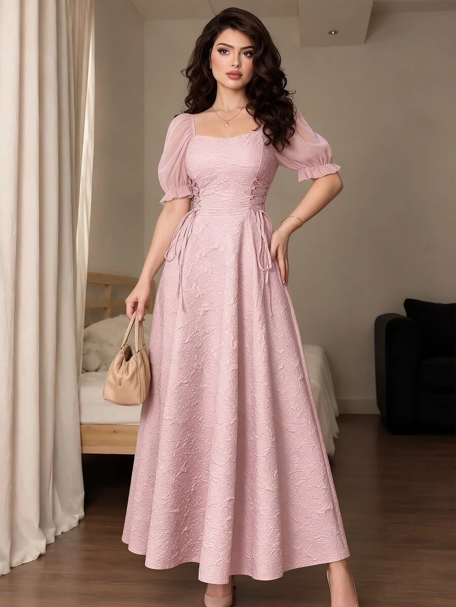 Modelyn Sheer Puff Sleeve Cinched Waist Flared Hem Long Dress For Women - Pink - View 1