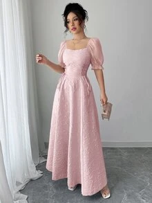 Modelyn Sheer Puff Sleeve Cinched Waist Flared Hem Long Dress For Women - Pink - View 6