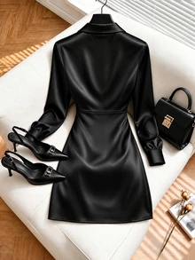 INAWLY Women's Elegant Elegant Lace Pleated Long Sleeve Dress - Black - View 2