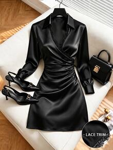 INAWLY Women's Elegant Elegant Lace Pleated Long Sleeve Dress - Black - View 3
