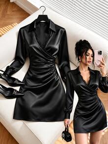 INAWLY Women's Elegant Elegant Lace Pleated Long Sleeve Dress - Black - View 1
