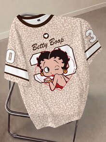 Betty Boop x SHEIN Plus Size Women's Leopard Print Colorblock Cute Round Neck Short Sleeve T-Shirt Beige Summer Casual - White - View 1