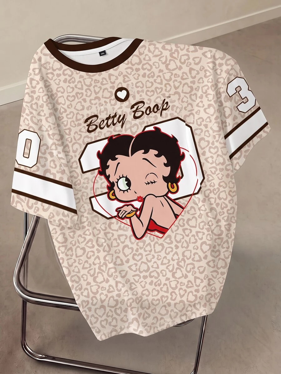Betty Boop x SHEIN Plus Size Women's Leopard Print Colorblock Cute Round Neck Short Sleeve T-Shirt Beige Summer Casual - White - View 1