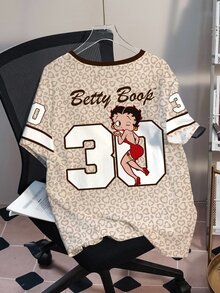 Betty Boop x SHEIN Plus Size Women's Leopard Print Colorblock Cute Round Neck Short Sleeve T-Shirt Beige Summer Casual - White - View 2