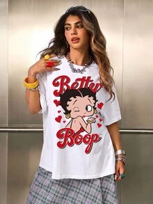 Betty Boop x SHEIN 大尺碼卡通印花圓領短袖時尚T恤 白色休閒創意款 適合派對度假 - 白色 - 查看 1