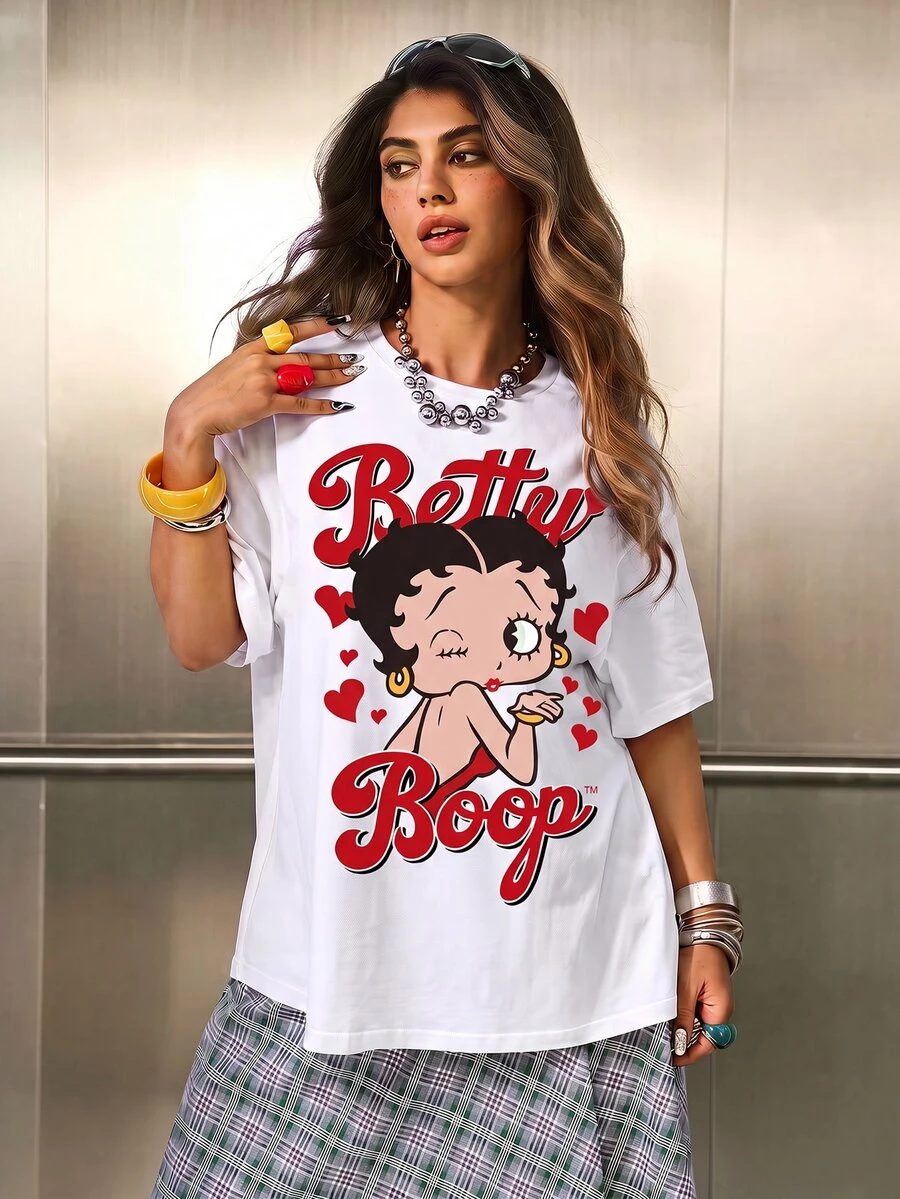 Betty Boop x SHEIN 大尺碼卡通印花圓領短袖時尚T恤 白色休閒創意款 適合派對度假 - 白色 - 查看 1