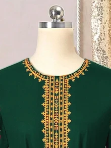 SHEIN 少女印花圆领长袖金色滚边波西米亚风连衣裙 - 綠色 - 查看 7