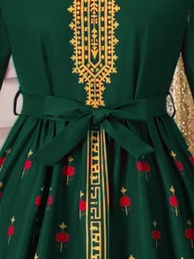 SHEIN 少女印花圆领长袖金色滚边波西米亚风连衣裙 - 綠色 - 查看 6