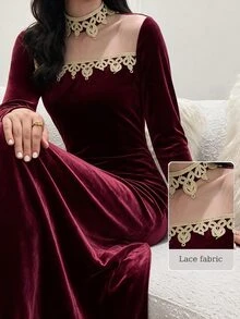 Yasmyna Women's Burgundy Mesh Patchwork Ribbon Contrast Decor Long Flare Sleeve Cinched Waist A-Line Dress, Fall, Modest Elegant, Christening Guest - Burgundy - View 4