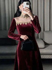 Yasmyna Women's Burgundy Mesh Patchwork Ribbon Contrast Decor Long Flare Sleeve Cinched Waist A-Line Dress, Fall, Modest Elegant, Christening Guest - Burgundy - View 5