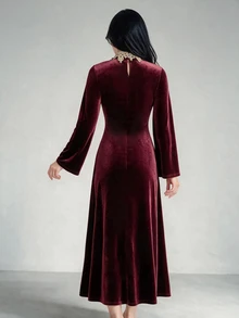 Yasmyna Women's Burgundy Mesh Patchwork Ribbon Contrast Decor Long Flare Sleeve Cinched Waist A-Line Dress, Fall, Modest Elegant, Christening Guest - Burgundy - View 2