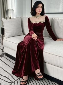 Yasmyna Women's Burgundy Mesh Patchwork Ribbon Contrast Decor Long Flare Sleeve Cinched Waist A-Line Dress, Fall, Modest Elegant, Christening Guest - Burgundy - View 1