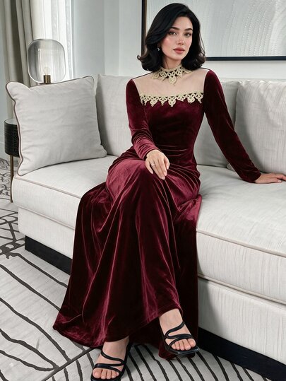 Yasmyna فستان نسائي باللون العنابي مع رقعات شبكية وشريط مزخرف بتباين، أكمام طويلة واسعة، خصر مشدود، تصميم A-Line، مناسب للخريف، أنيق ومحتشم، مناسب كضيف في حفل المعمودية