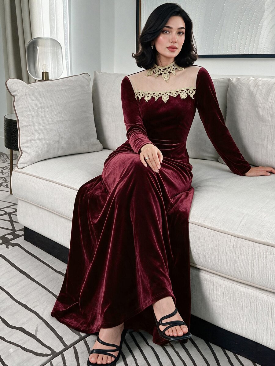 Yasmyna Women's Burgundy Mesh Patchwork Ribbon Contrast Decor Long Flare Sleeve Cinched Waist A-Line Dress, Fall, Modest Elegant, Christening Guest - Burgundy - View 1