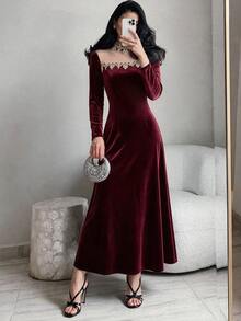 Yasmyna Women's Burgundy Mesh Patchwork Ribbon Contrast Decor Long Flare Sleeve Cinched Waist A-Line Dress, Fall, Modest Elegant, Christening Guest - Burgundy - View 6