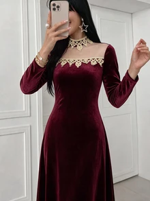 Yasmyna Women's Burgundy Mesh Patchwork Ribbon Contrast Decor Long Flare Sleeve Cinched Waist A-Line Dress, Fall, Modest Elegant, Christening Guest - Burgundy - View 7