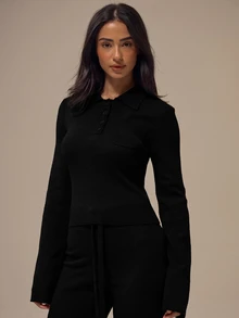 MUSERA ESSENTIALS Black Turn Down Polo Collar Button Up Pocket Detail Fitted Sleeve Cropped Jumper Top Basics Loungewear Casual Everyday Essentials - Black - View 3