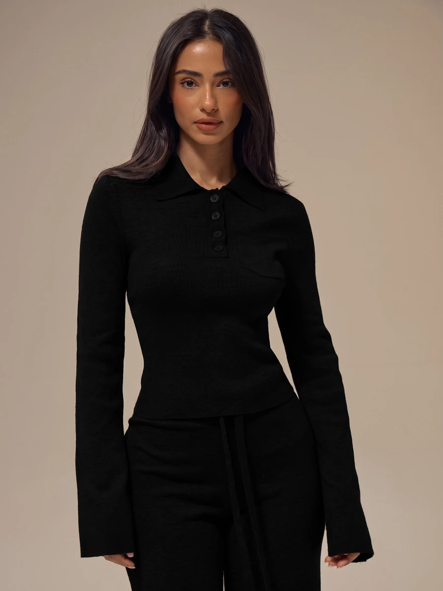 MUSERA ESSENTIALS Black Turn Down Polo Collar Button Up Pocket Detail Fitted Sleeve Cropped Jumper Top Basics Loungewear Casual Everyday Essentials - Black - View 1