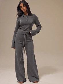 MUSERA ESSENTIALS Marl Grey Turn Down Polo Collar Button Up Placket Single Chest Pocket Fitted Sleeve Cropped Jumper Top Basics Loungewear Casual Everyday Essentials - Dark Grey - View 2