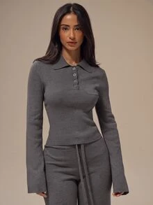 MUSERA ESSENTIALS Marl Grey Turn Down Polo Collar Button Up Placket Single Chest Pocket Fitted Sleeve Cropped Jumper Top Basics Loungewear Casual Everyday Essentials - Dark Grey - View 1