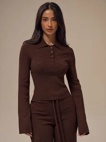 MUSERA ESSENTIALS Marl Grey Turn Down Polo Collar Button Up Placket Single Chest Pocket Fitted Sleeve Cropped Jumper Top Basics Loungewear Casual Everyday Essentials - Chocolate Brown - View 1