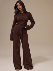 MUSERA ESSENTIALS Marl Grey Turn Down Polo Collar Button Up Placket Single Chest Pocket Fitted Sleeve Cropped Jumper Top Basics Loungewear Casual Everyday Essentials - Chocolate Brown - View 2