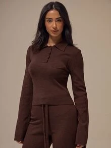 MUSERA ESSENTIALS Marl Grey Turn Down Polo Collar Button Up Placket Single Chest Pocket Fitted Sleeve Cropped Jumper Top Basics Loungewear Casual Everyday Essentials - Chocolate Brown - View 3