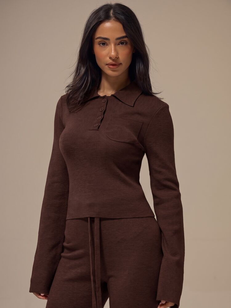 MUSERA ESSENTIALS Marl Grey Turn Down Polo Collar Button Up Placket Single Chest Pocket Fitted Sleeve Cropped Jumper Top Basics Loungewear Casual Everyday Essentials - Chocolate Brown - View 3