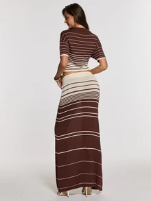 Opulessa Women's Brown Stripe Short Sleeve Top And Skirt Knit Two Pieces Set Vacation Fall Casual - Brown - View 2