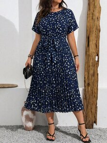 Vionelle Plus Size Summer Casual Allover Print Batwing Sleeve Dress With Pleated Hem Maxi Women Outfit - Navy Blue - View 5