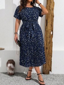 Vionelle Plus Size Summer Casual Allover Print Batwing Sleeve Dress With Pleated Hem Maxi Women Outfit - Navy Blue - View 4