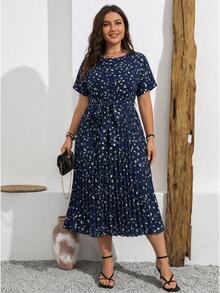 Vionelle Plus Size Summer Casual Allover Print Batwing Sleeve Dress With Pleated Hem Maxi Women Outfit - Navy Blue - View 1