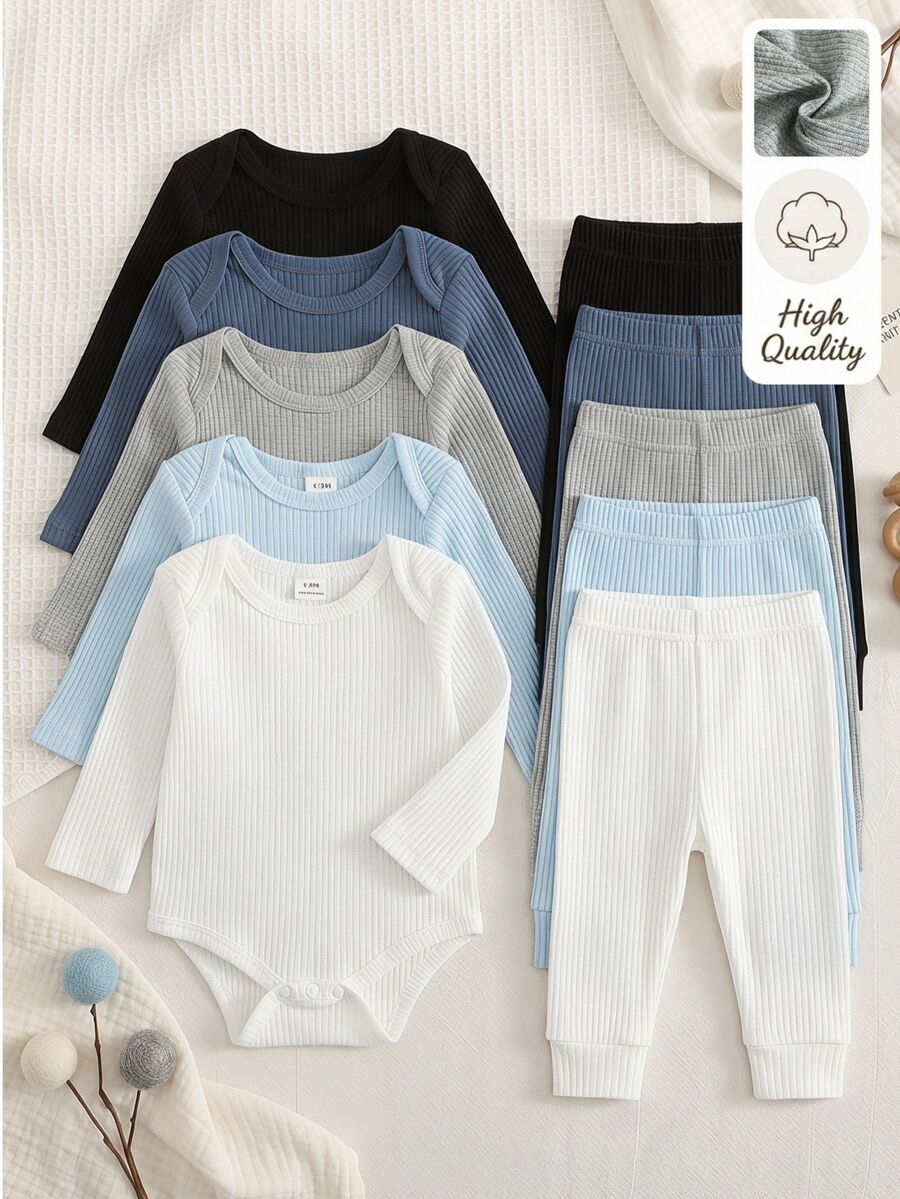 SHEIN Vintaside Kids 5件組男嬰可愛藍色白色灰色黑色羅紋針織純色長袖圓領休閒基礎連身衣,適合戶外派對、秋季舒適度假穿著 - 彩色 - 查看 1