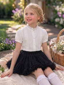 DAZY Young Girl Plain Short Puff Sleeve Single-Breasted Casual Shirt - White - View 10