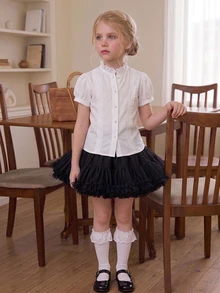 DAZY Young Girl Plain Short Puff Sleeve Single-Breasted Casual Shirt - White - View 5
