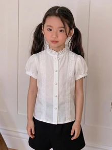 DAZY Young Girl Plain Short Puff Sleeve Single-Breasted Casual Shirt - White - View 3