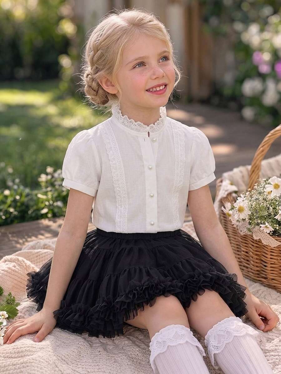 DAZY Young Girl Plain Short Puff Sleeve Single-Breasted Casual Shirt - White - View 1