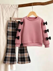SHEIN 2件組女孩甜酷3D蝴蝶結裝飾棕色上衣+喇叭褲套裝，時尚版型，適合返校、外出、街頭穿搭、幼兒園、生日、夏季 - 粉色 - 查看 4
