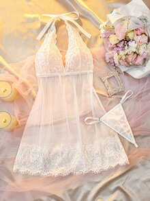 SHEIN AllurMyst 時尚性感黑色流蘇睡裙內衣套裝，女性性感內衣，成人蜜月熱辣款 D - 白色 - 查看 4